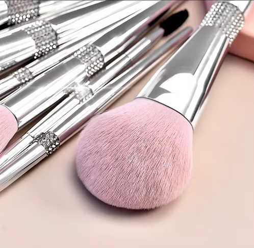 Silver Elegance 11-Piece Diamond Makeup Brush Set – Rose Blush Edition
