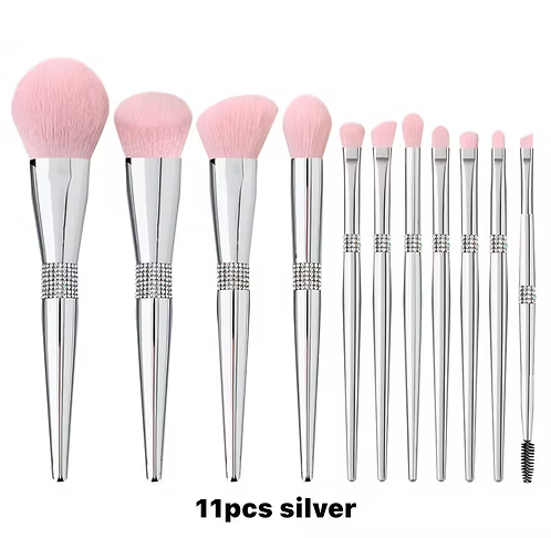 Silver Elegance 11-Piece Diamond Makeup Brush Set – Rose Blush Edition
