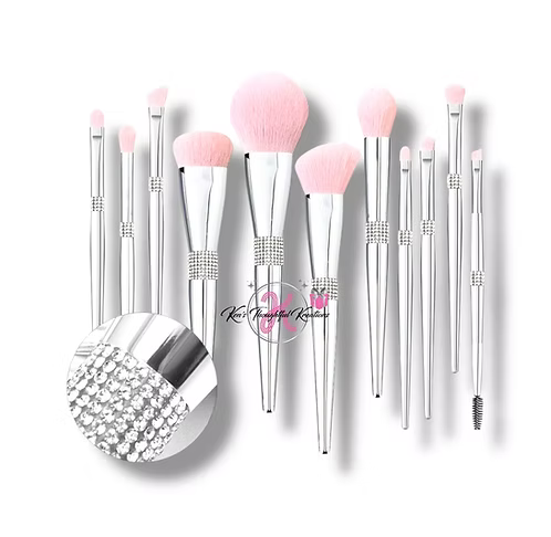 Silver Elegance 11-Piece Diamond Makeup Brush Set – Rose Blush Edition