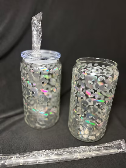 Holographic Cheetah Glass Beer Can- 16 oz