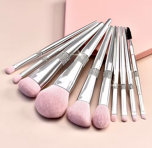 Silver Elegance 11-Piece Diamond Makeup Brush Set – Rose Blush Edition
